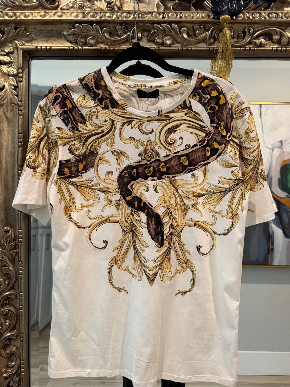 Zara White Tee with Gold Baroque Scrolls and Brown Snake Motif - Picture 1 of 3